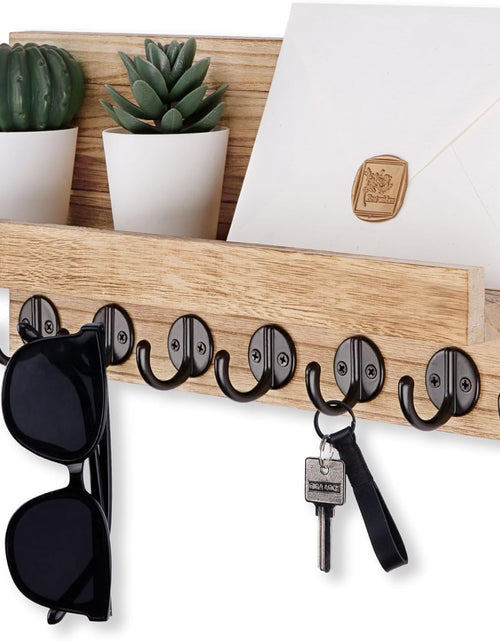 Load image into Gallery viewer, Key Holder Wall Mount, Entryway Key and Mail Holder with 7 Sturdy Hooks with Mounting Hardware, 15”W x 6.7”H x 4.2”D (Wood)
