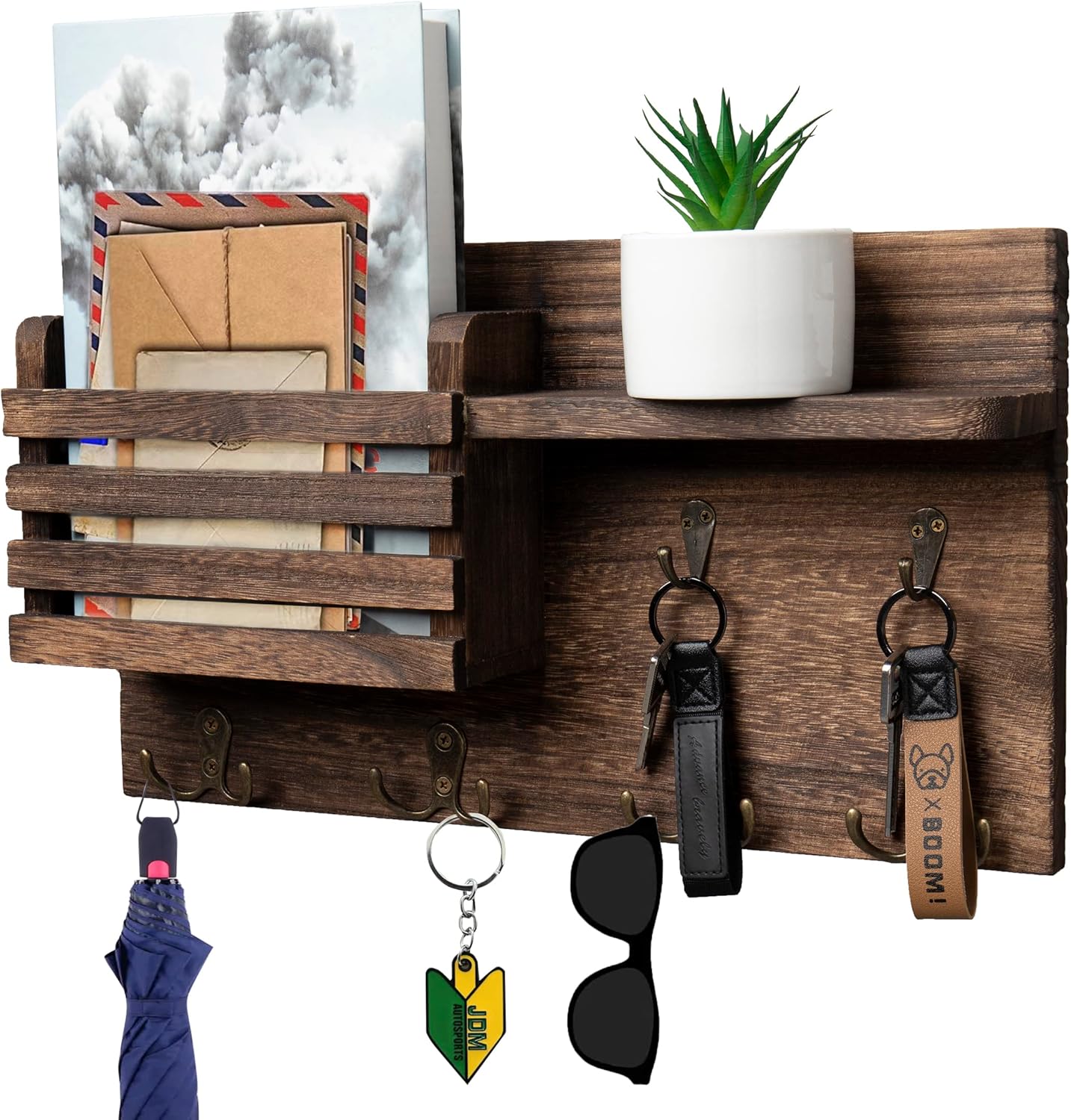 Key Holder for Wall Decorative Wooden Mail Organizer 4 Double Hook Hangers 2 Single Hooks with Floating Shelf
