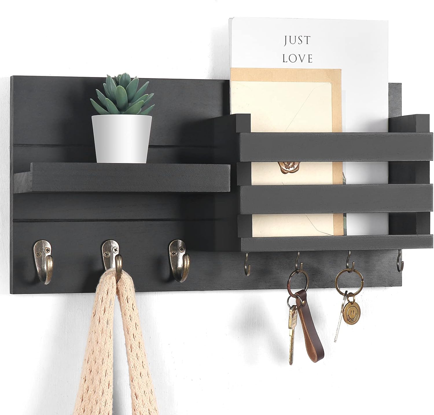 Mail Organizer for Wall Mount – Key Holder with Shelf includes Letter Holder and Hooks with Flush Mounting Hardware (16.5” x 8.7” x 3.5”) Black