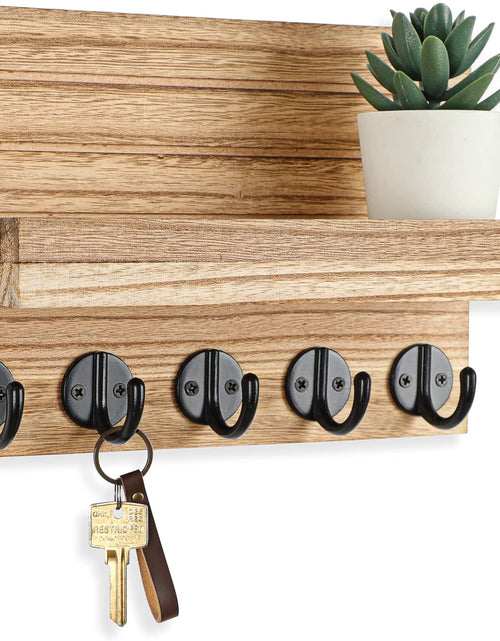 Load image into Gallery viewer, Key Holder for Wall, Decorative Key and Mail Holder with Shelf Has Large Key Hooks for Bags, Coats – Paulownia Wood Key Hanger (Burnt wood)
