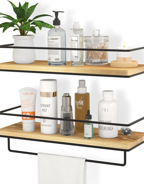 Load image into Gallery viewer, Floating Shelves for Wall Set of 2, Wall Mounted Storage Shelves with Metal Frame and Towel Rack (Wood)
