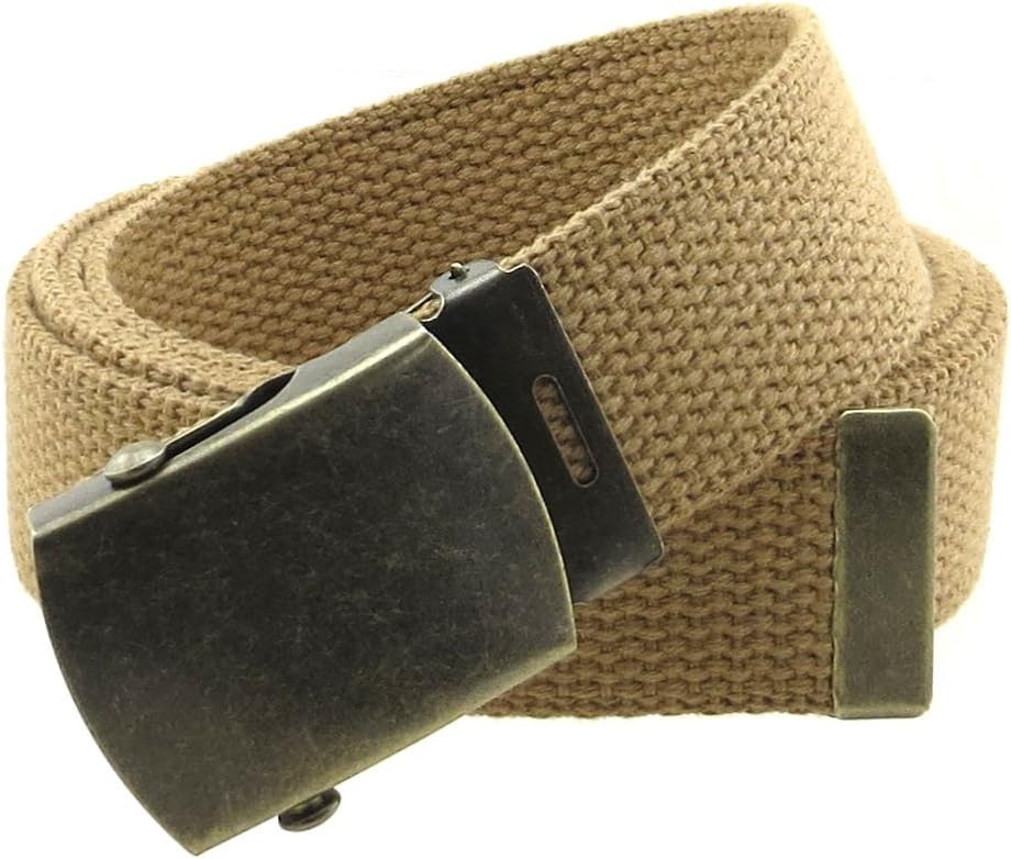 Canvas Web Belt Military Style with Antique Brass Buckle and Tip 50" Long, Light Brown