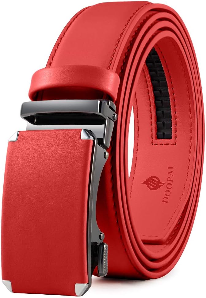 Ratchet Belt Dress Adjustable 1 3/8" Genuine Leather Designer Belt, Size Length Can be Cut, with Gift Box, Red (36 to 42 inches)