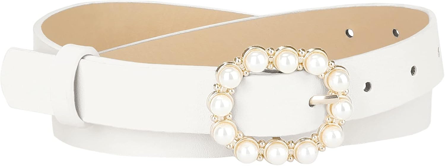 Pearl Waistband Skinny Leather Adjustable Pin Buckle Belt for Jeans Dresses Pants, White