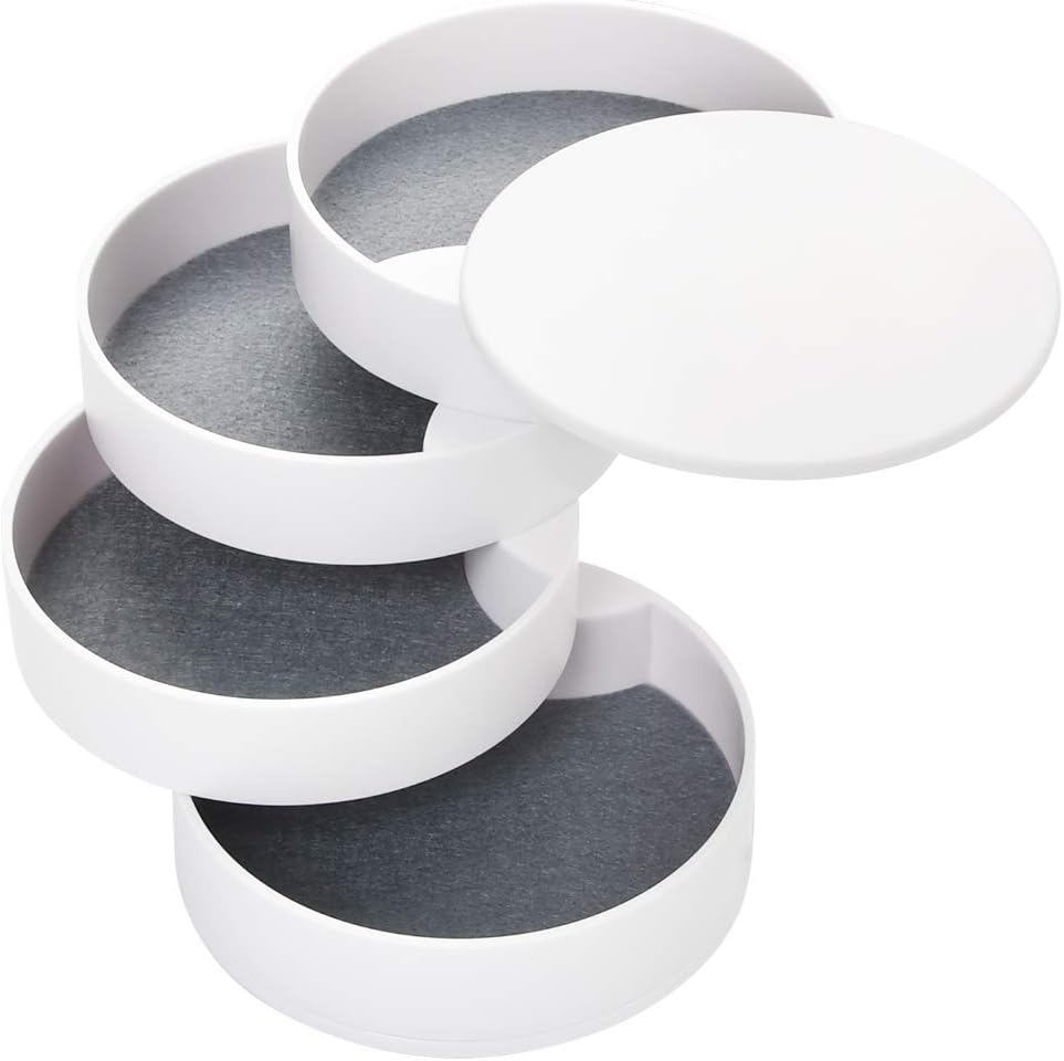 Round Multi-layer Desktop Jewelry Storage Box, 4-Layer Rotating Travel Jewelry Tray Case with Lid for Bracelets Rings Bracelets - White