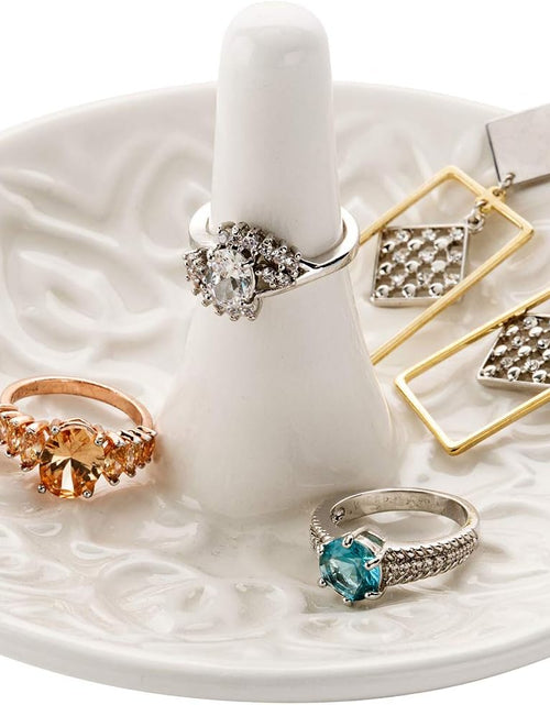 Load image into Gallery viewer, Decorative White Ceramic Ring Tray for Jewelry, Ring Cone and Trinket Tray with Raised Heart Design
