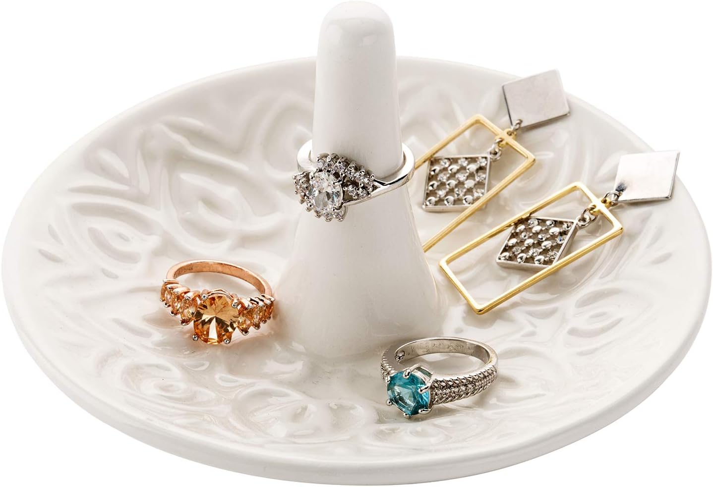 Decorative White Ceramic Ring Tray for Jewelry, Ring Cone and Trinket Tray with Raised Heart Design