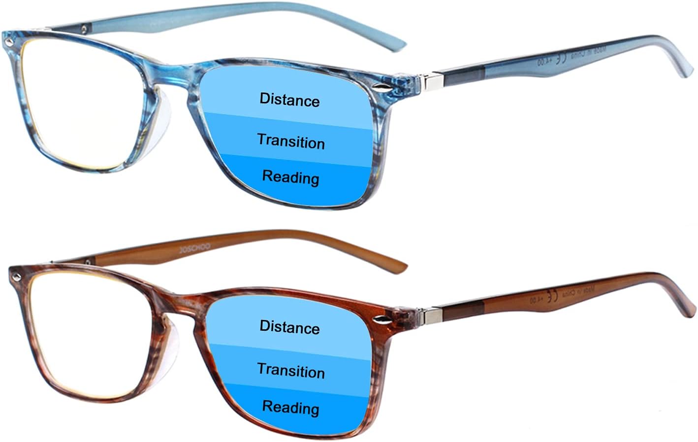 2 Pack Progressive Multifocus Reading Glasses Men and Women Computer Blue Light Blocking Anti Eyestrain Readers (Blue Brown, 1.50)
