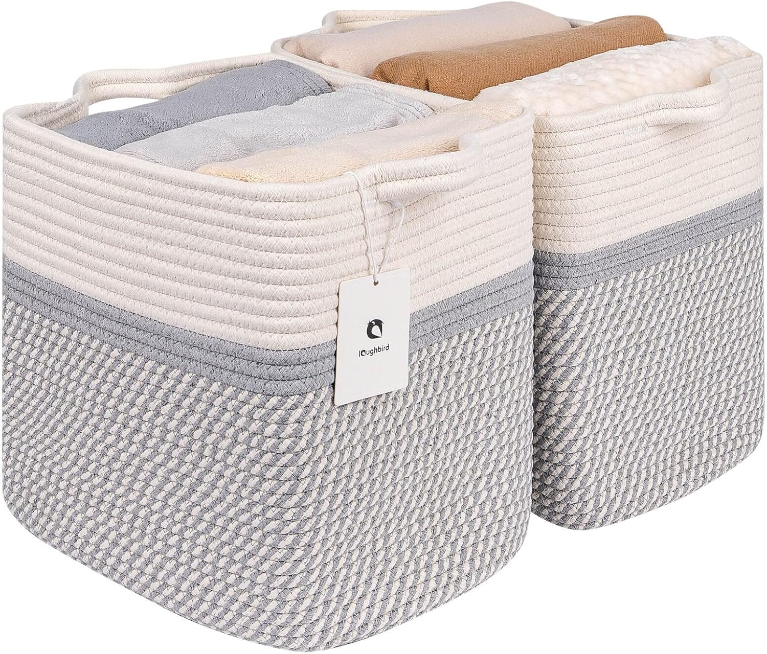 Slim Blanket Large Fabric Basket Dog Toy Baskets for Organizing Woven Rectangular with Handles,  14 inch, Pack of 2