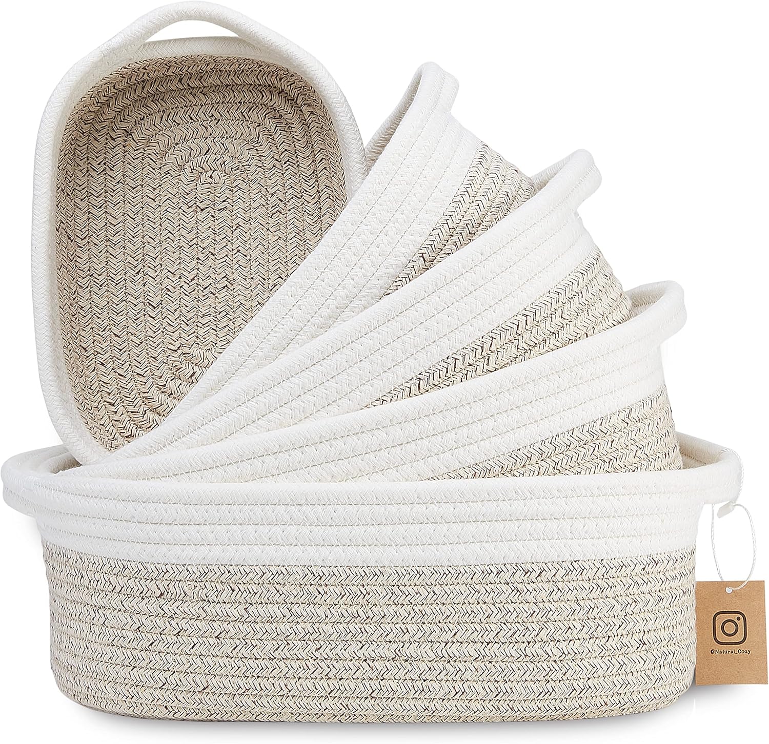 5-Piece Rectangle Storage Basket Set- Natural Cotton Rope Woven Baskets for Organizing, Off White & Mixed Brown
