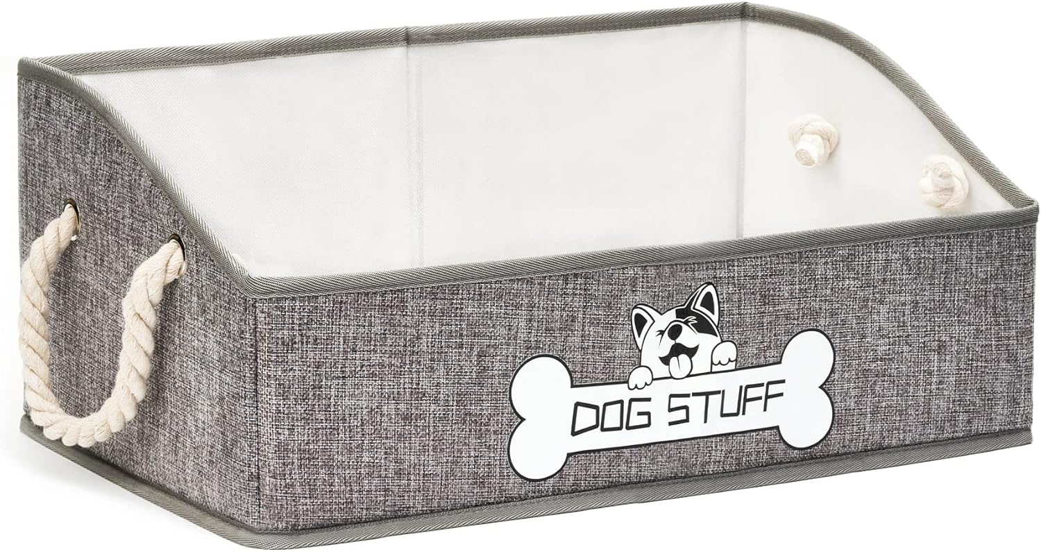 Collapsible Fabric Dog Toy Box and Storage Bin With Handle, Light Grey