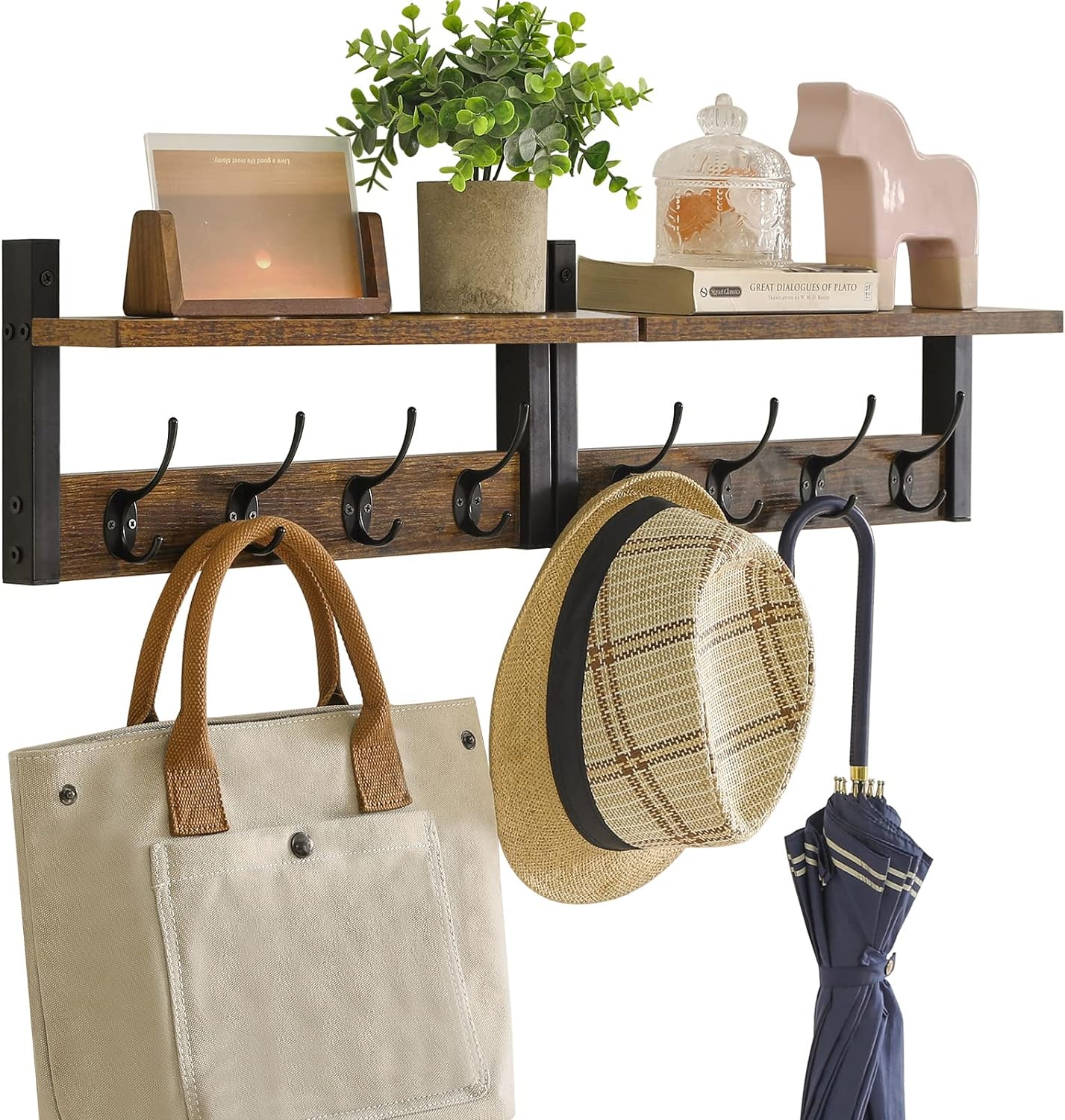 Coat Rack Shelf Wall Mounted, Coat Hooks Set of 2, Entryway Coat Hanger with 8 Hooks, 31.5" Rustic Brown