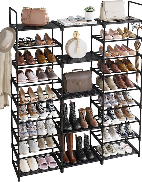 Load image into Gallery viewer, 9 Tiers Shoe Rack Organizer, Black, 50-55 Pairs, Stackable Metal Shelf with Hooks for Entryway
