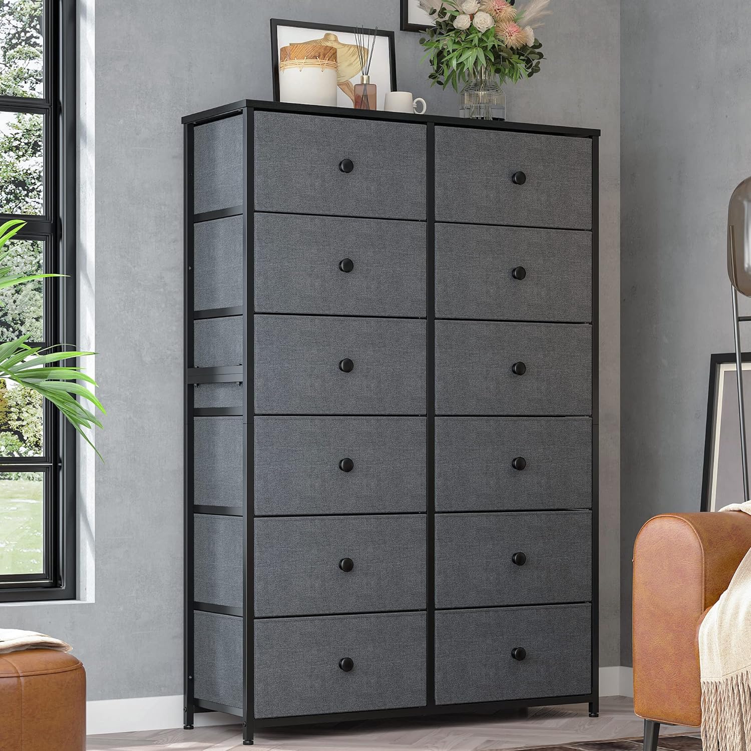 Dresser with 12 Drawers, Tall Dressers with Wooden Top and Metal Frame, Gray, 11.9" D x 34.8" W x 52.2" H