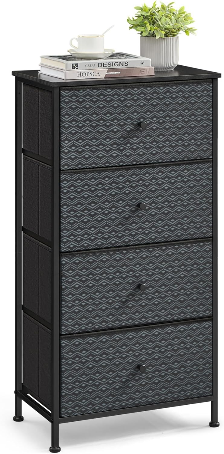 Closet Organizer and Storage Unit with 4 Fabric Drawers, Metal Frame, Ebony Black and Ink Black