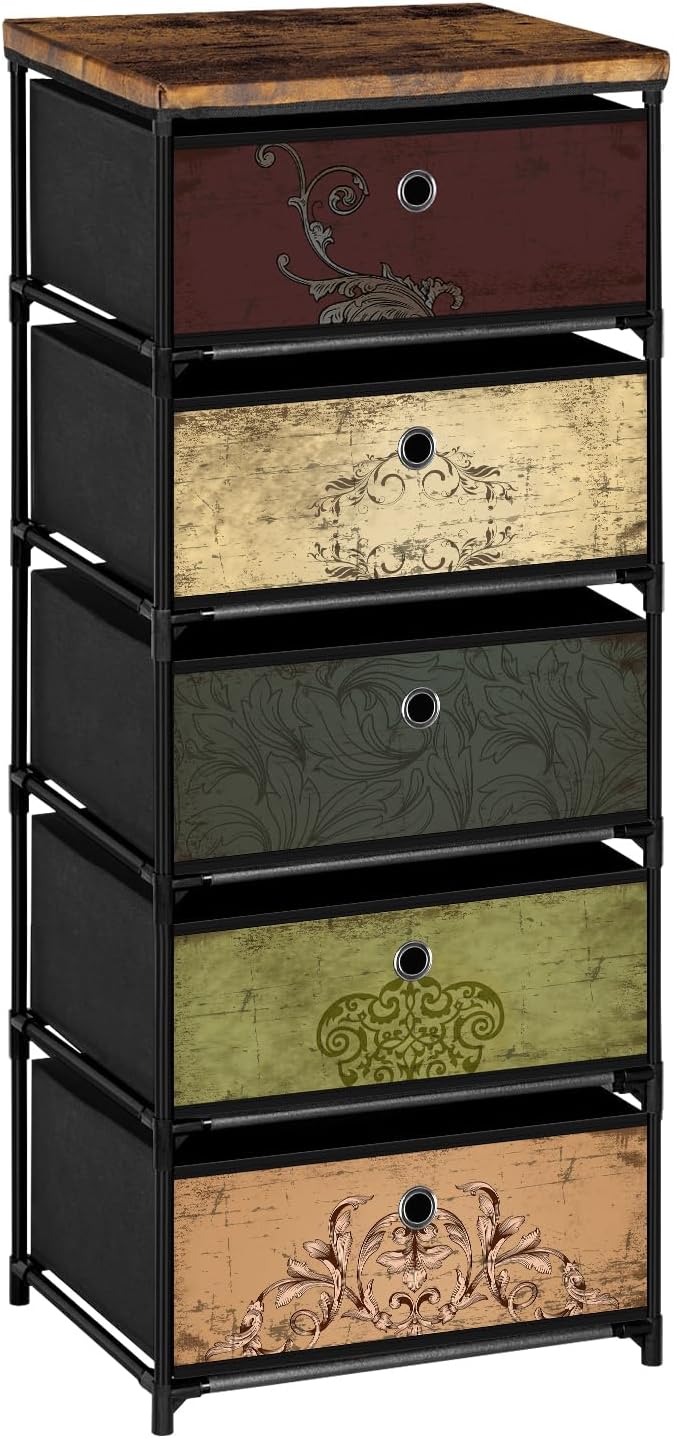 Nightstand with 5 Drawers, Clothes Storage Organizer, Pattern