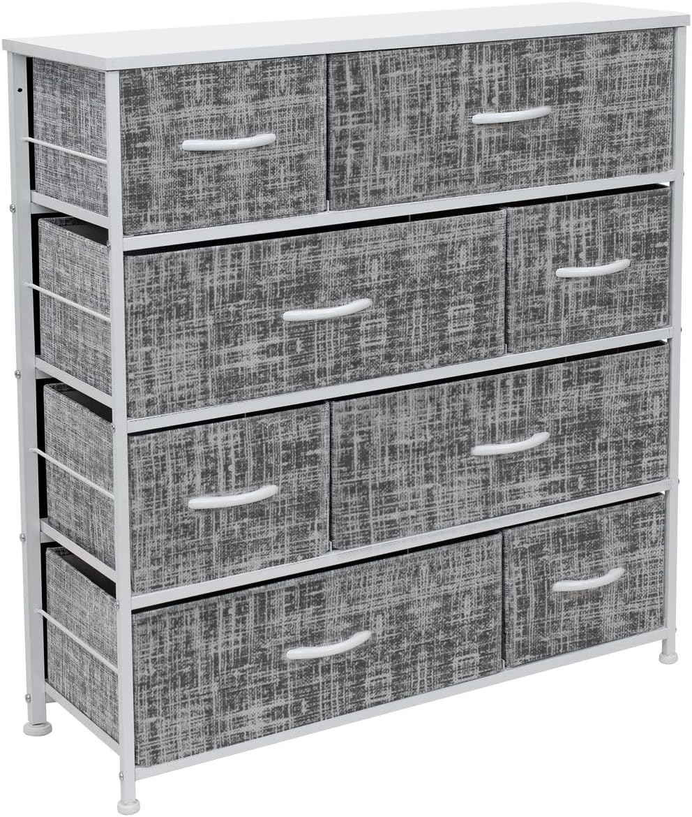 Dresser with 8 Drawers - Furniture Storage Chest Tower Unit, Easy Pull Fabric Bins (Gray/White Frame)
