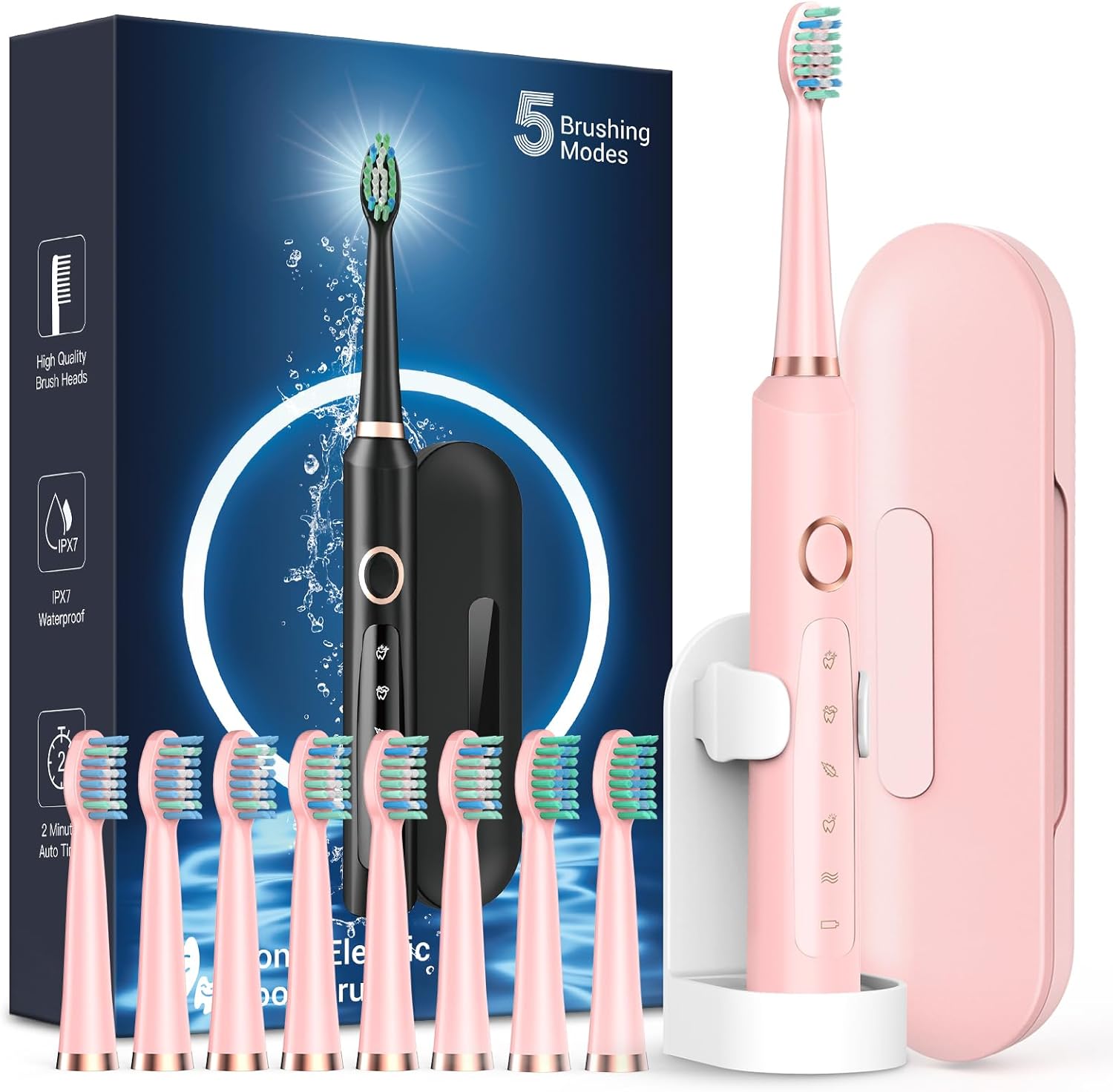 Rechargeable Electric Toothbrush with 8 Brush Heads & Travel Case, 3 Hours Charge for 120 Days - Pink