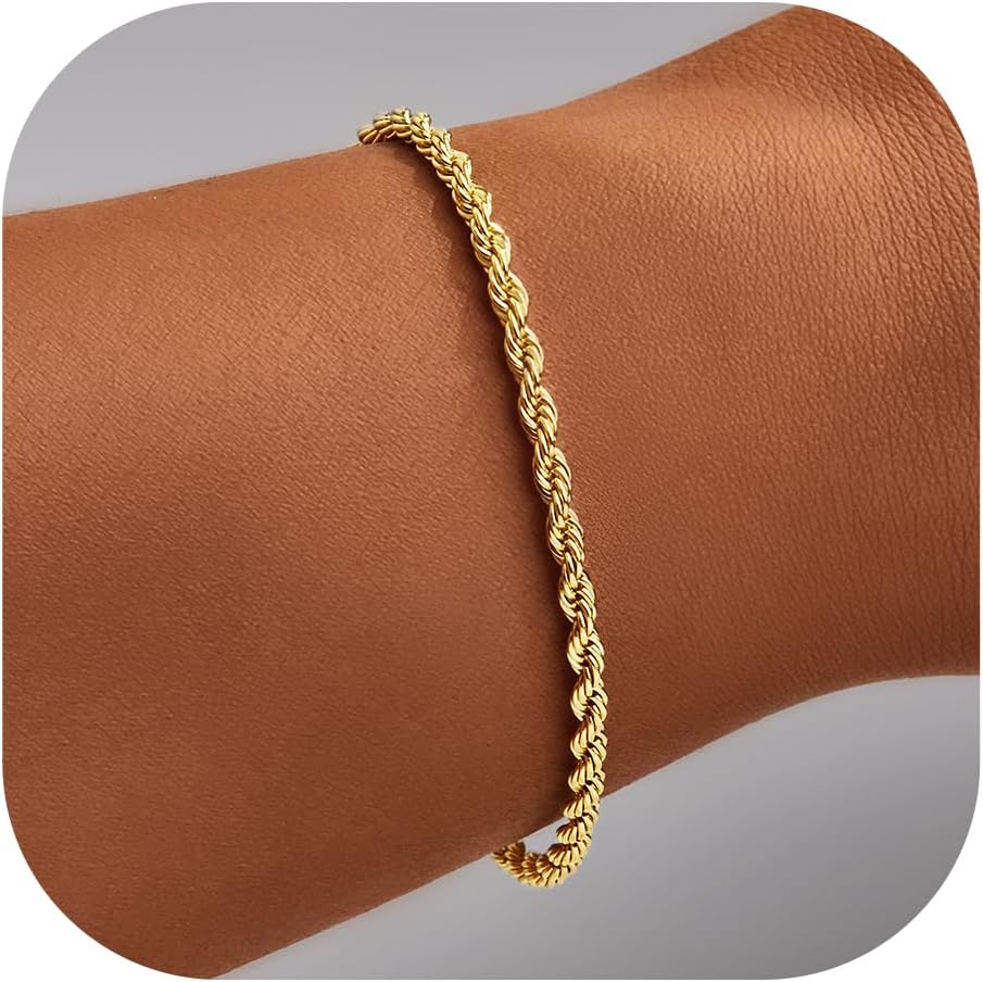Dainty 14k Gold Plated Bracelet Set Adjustable Simple Love Layered Waterproof Jewelry, Rope