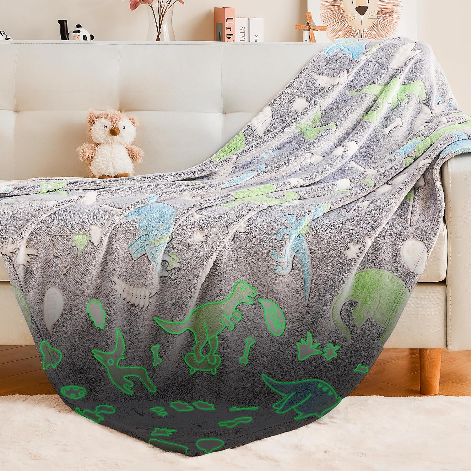 Glow in The Dark Dinosaur Blanket, Cute Blanket for Kids Toddlers Girls Boys, Grey Dinosaur