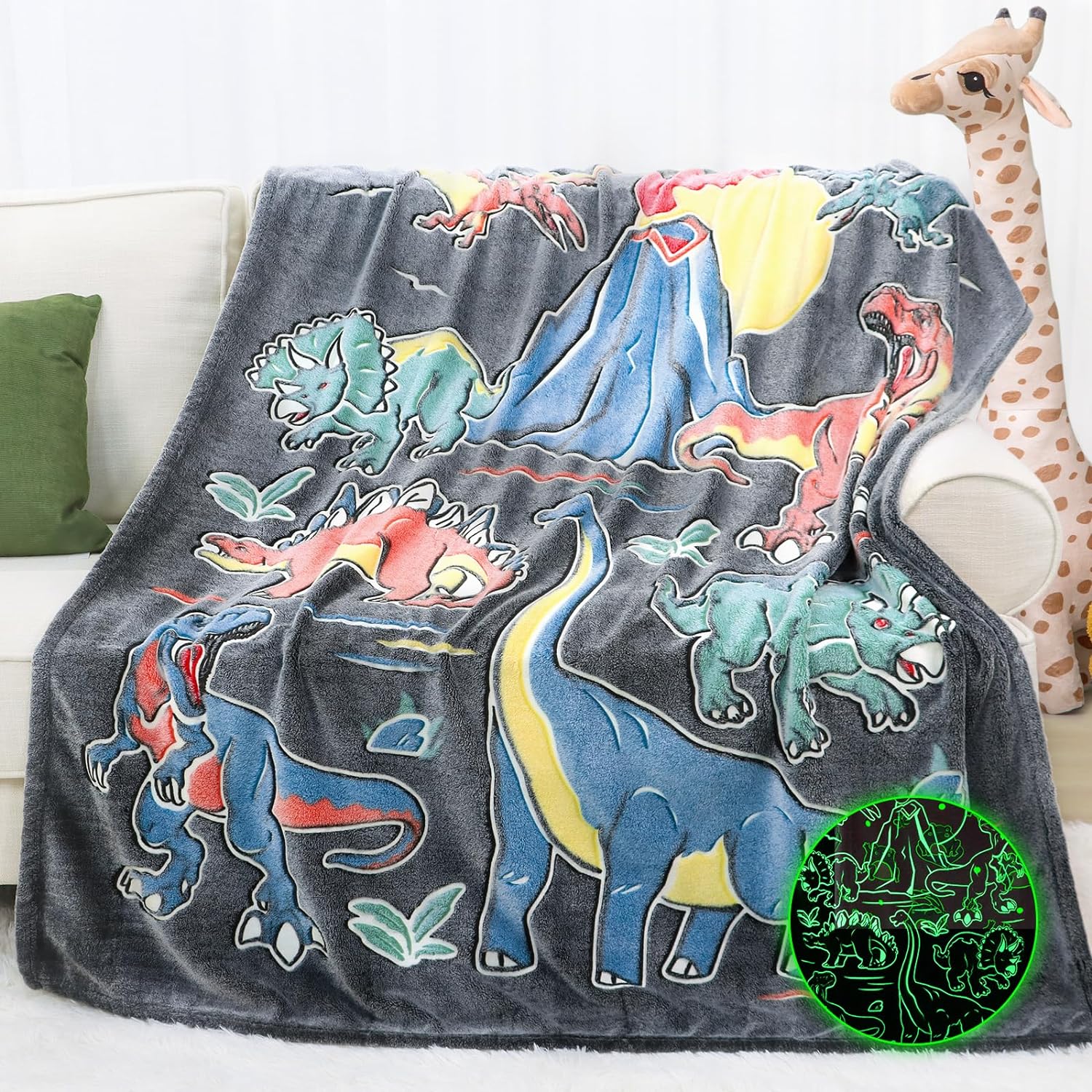 Glow in The Dark Dino Throw Blanket for Kids Dinosaur Toys for Boys Gifts Soft Fleece
