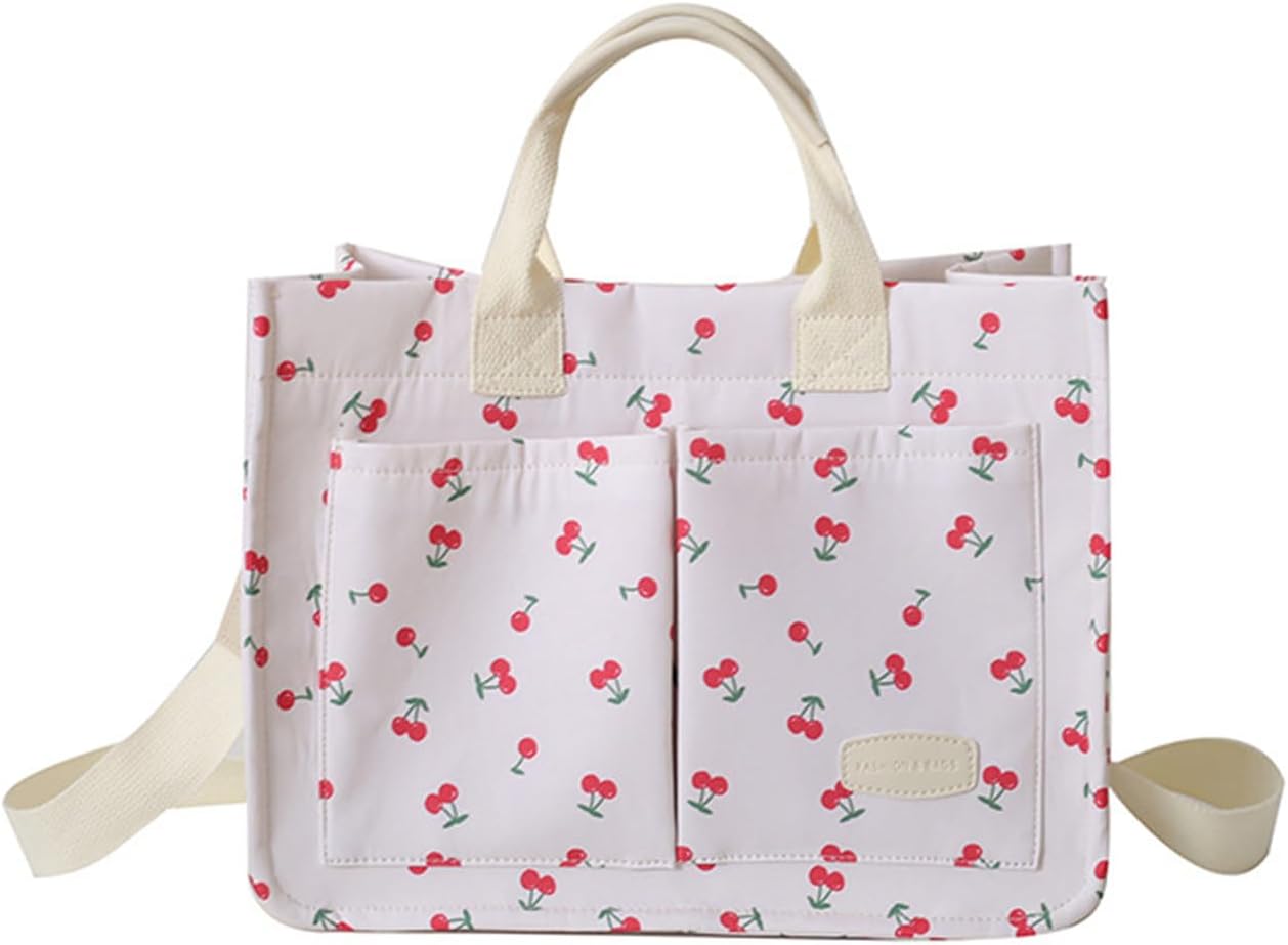 Cherry Tote Bag for Women Canvas Patched Purse Cute Shoulder Bag, Cherry White