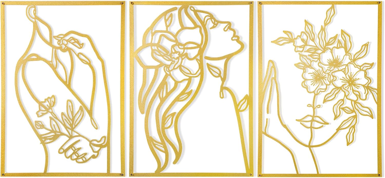 3 Pcs Gold Wall Decor Above Bed Minimalist for Living Room Metal Line Art, 15inch