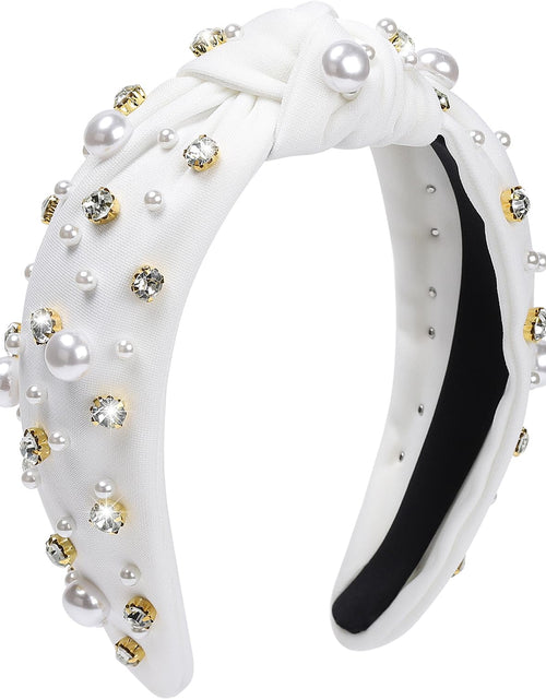 Load image into Gallery viewer, Pearl Knotted Headband, Women Rhinestone Embellished Hairband Elegant Wide Top Knot Bride Headbands
