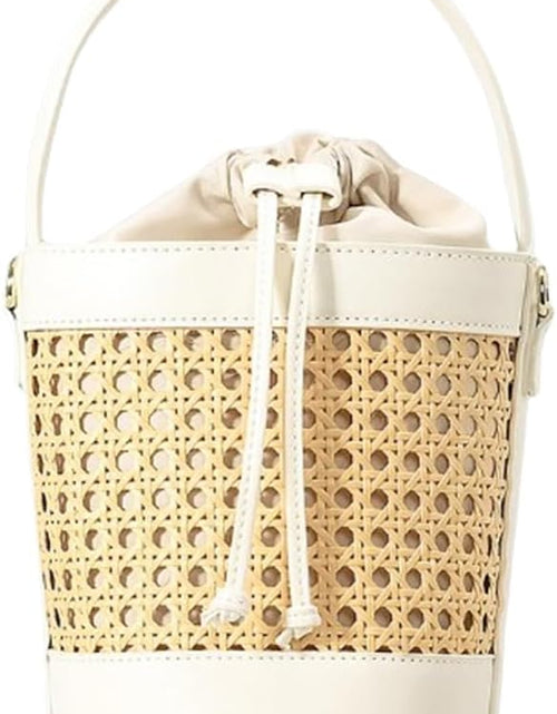 Load image into Gallery viewer, Rattan Bucket Bag for Women Straw Beach Bag Drawstring Crossbody Purse PU Leather, White
