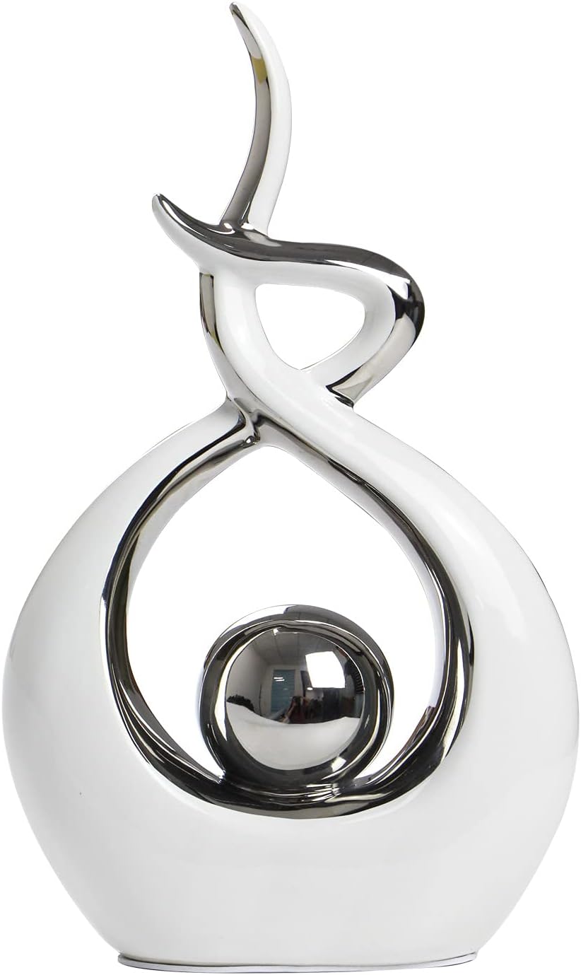 Modern Abstract Art Ceramic Statue Table Decorations for Dining Room Living Room Office Centerpiece, White and Silver