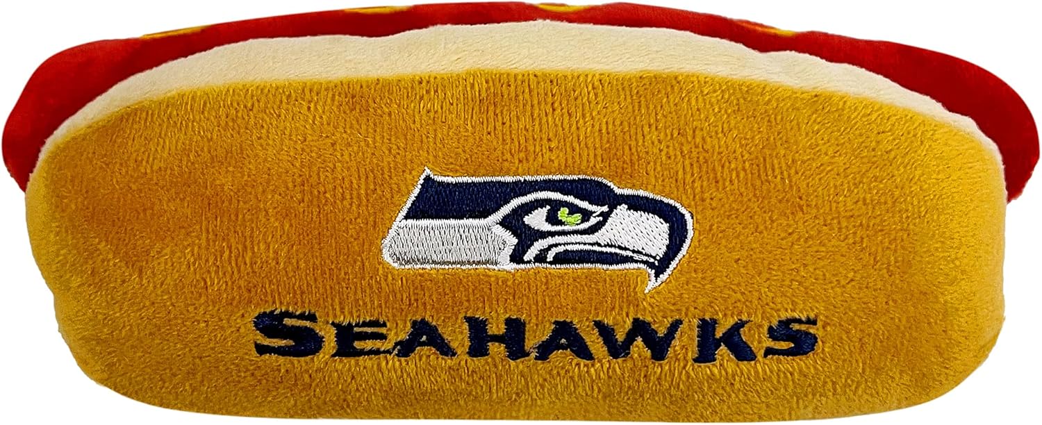 NFL Seattle Seahawks HOT Dog Plush Dog & CAT Squeak Toy with Inner Squeaker & Beautiful Football Team Name/Logo 8 x 5 x 3 Inches