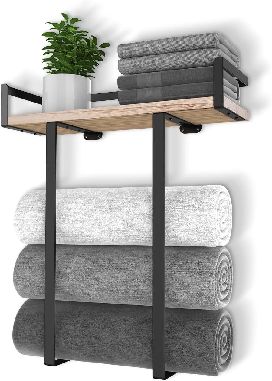 Metal Towel Holder with Wooden Shelf for Folding Large Towels, Towel Storage for Small Bathroom Organizer Decor, Small