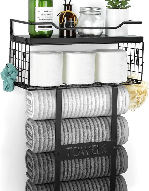 Load image into Gallery viewer, Bath Wall Towel Storage Holder Set Above Toilet, Rolled Towel Shelf Organizer for Small Bathroom Black
