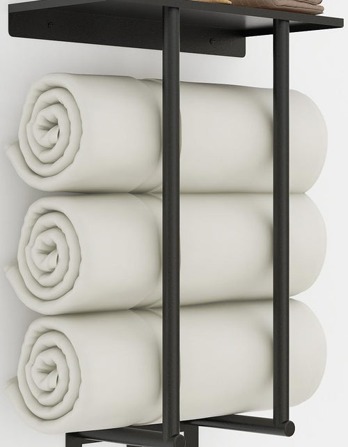 Load image into Gallery viewer, Bathroom Towel Rack Wall Mounted with Metal Shelf and 3 Hooks for Small Bathroom, Black, Round Tube
