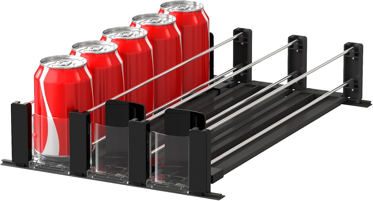 Drink Organizer for Fridge, Soda Can Dispenser for Refrigerator with Self-Pushing Width Adjustable Glide, Holds up to 15 Cans