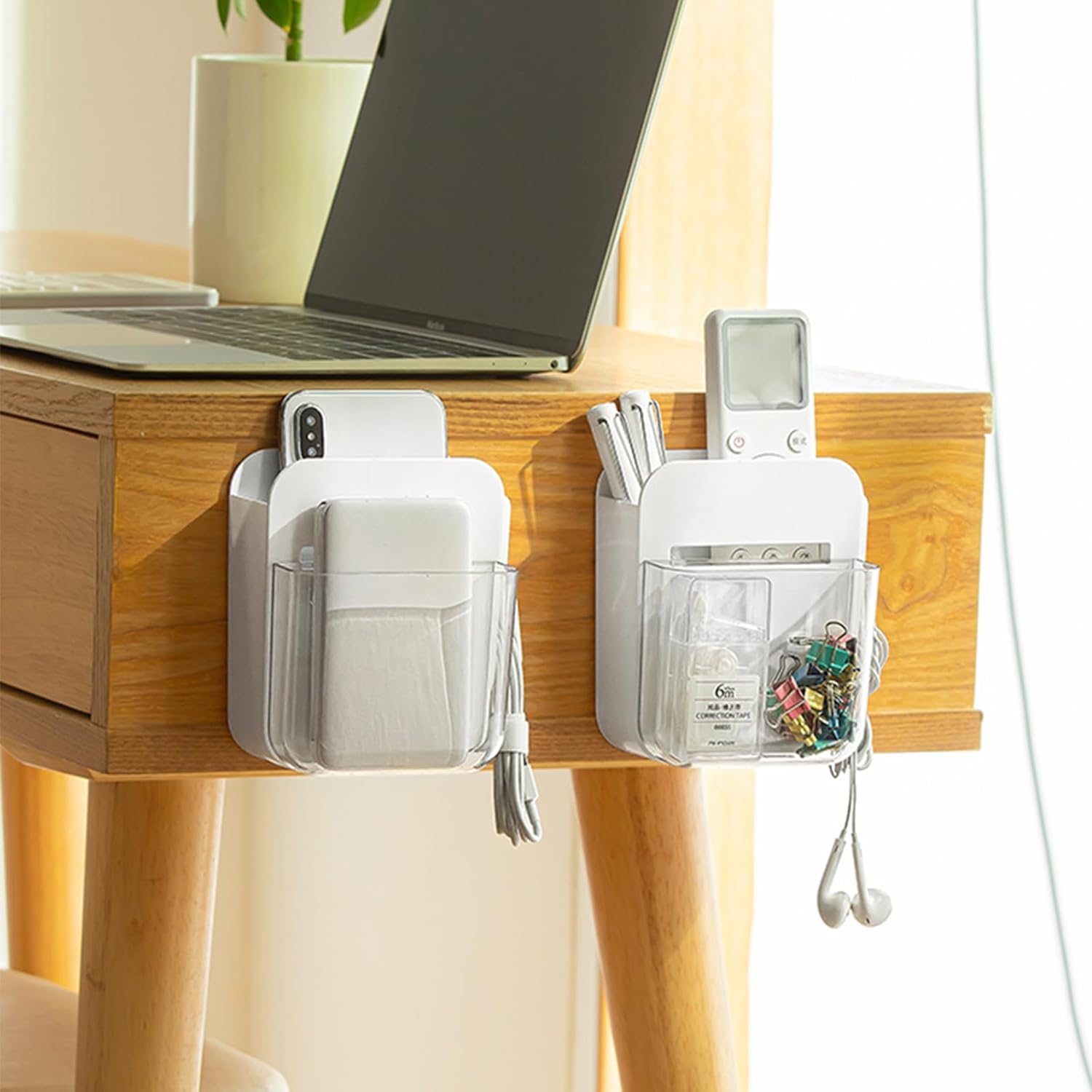 2 Pack Wall Mount Storage Organizer Box Adhesive Remote Control Holder 2 Tier Compartments and Hook