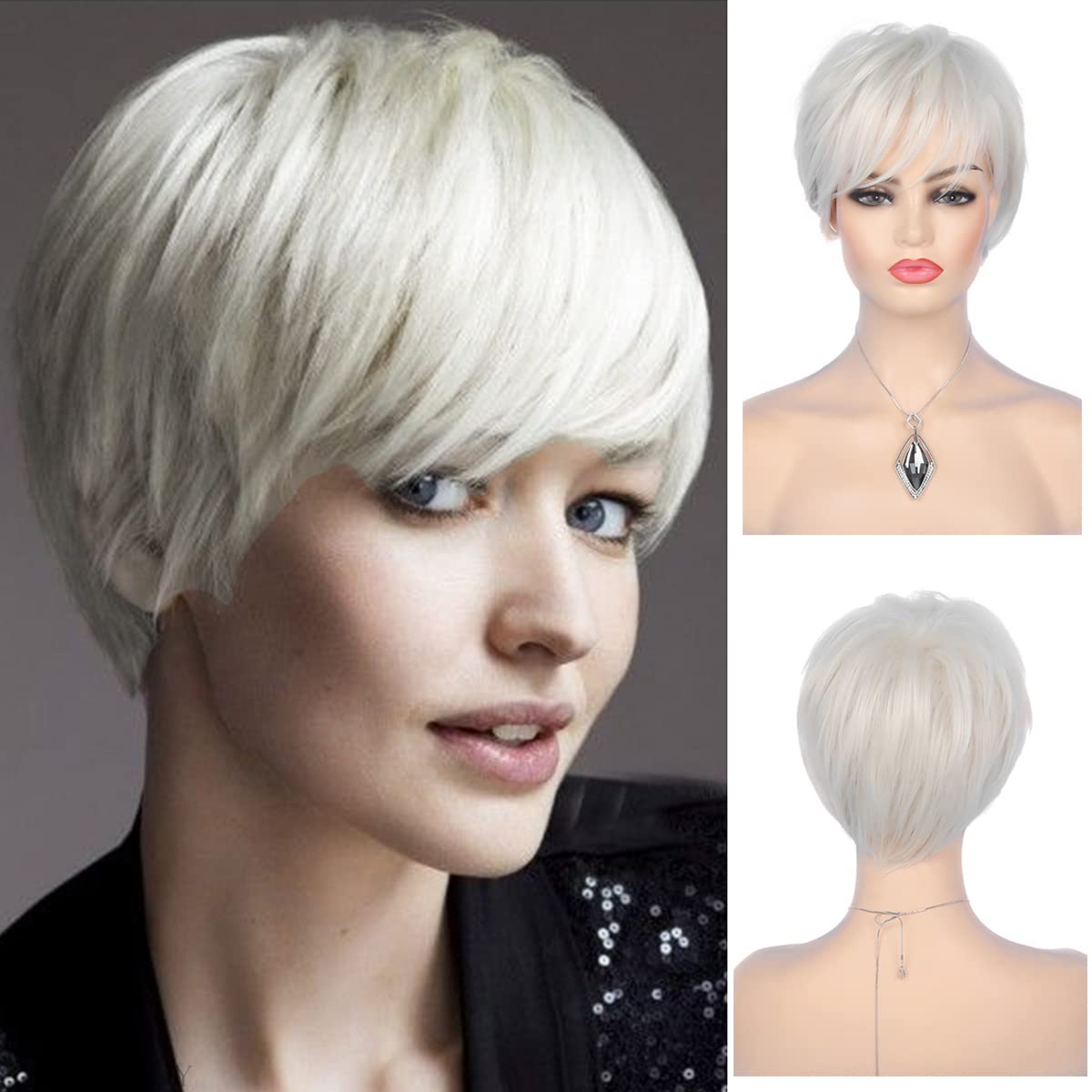 Short Cream White Wigs for Women Synthetic Natural Party Cosplay Pixie Wig with Wig Cap, Cream White