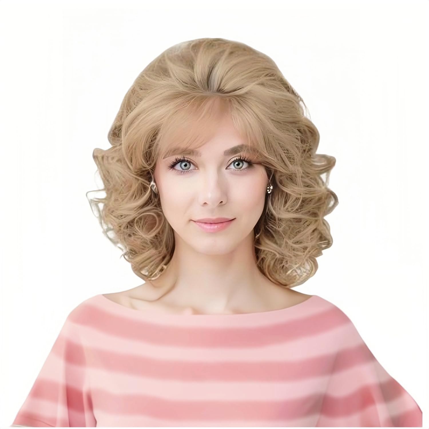 Vintage Short Blonde Beehive Wig with Bangs Curly Wavy Heat Resistant Synthetic Hair Wigs, Blonde