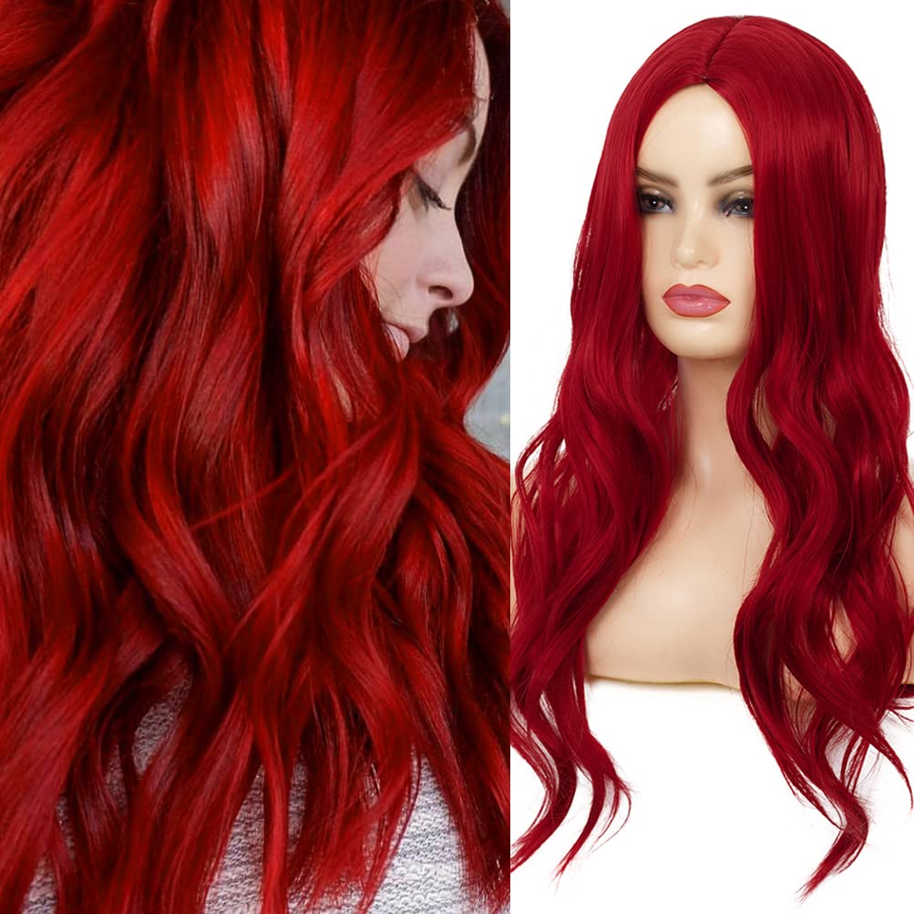 Red Wigs for Women Long Wavy Synthetic Hair Wig Natural Middle Parting Heat Resistant, Red
