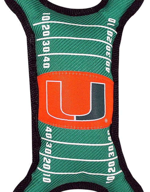 Load image into Gallery viewer, NCAA Football Field Dog Toy with Squeaker. - Miami Hurricanes - for Tug, Toss, and Fetch. - Tough&amp; Durable PET Toy

