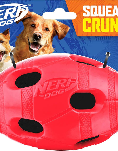 Load image into Gallery viewer, Rubber Football Dog Toy with Interactive Squeaker and Crunch, Lightweight, 6 Inch Diameter for Medium/Large Breeds, Single Unit, Red
