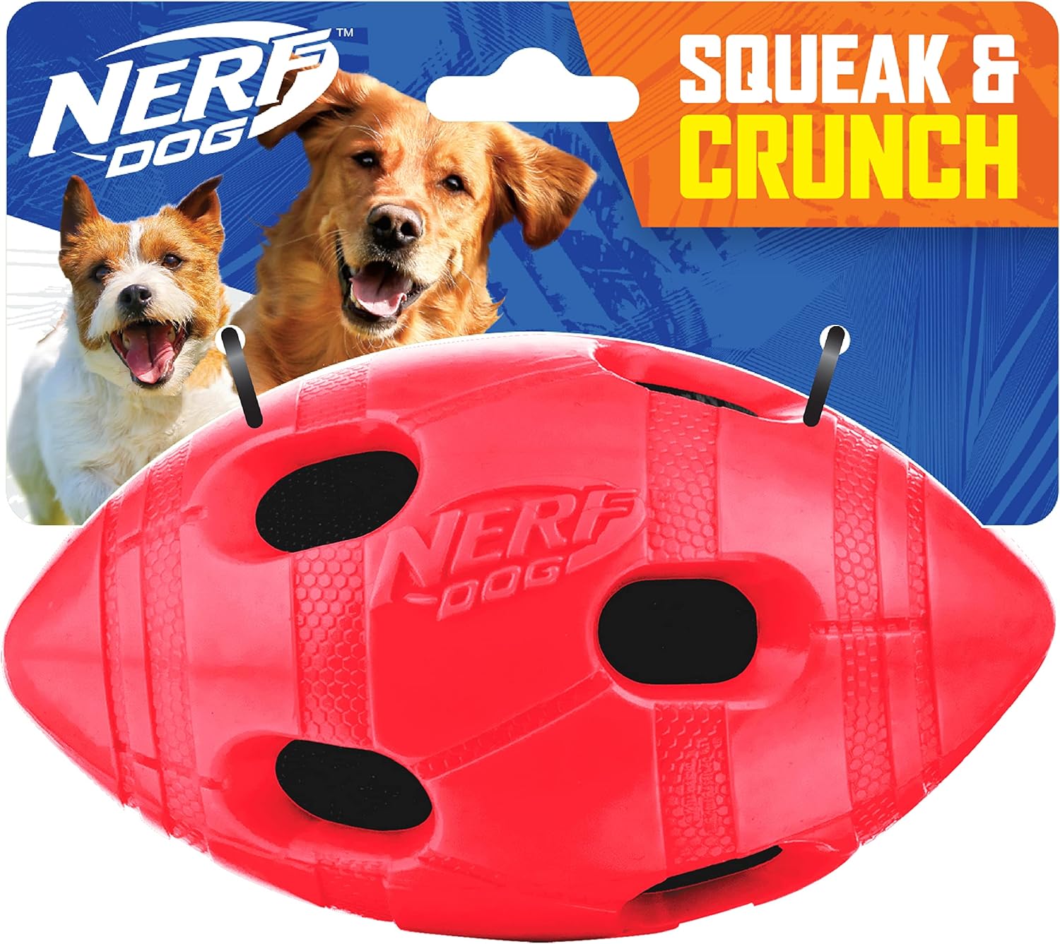 Rubber Football Dog Toy with Interactive Squeaker and Crunch, Lightweight, 6 Inch Diameter for Medium/Large Breeds, Single Unit, Red