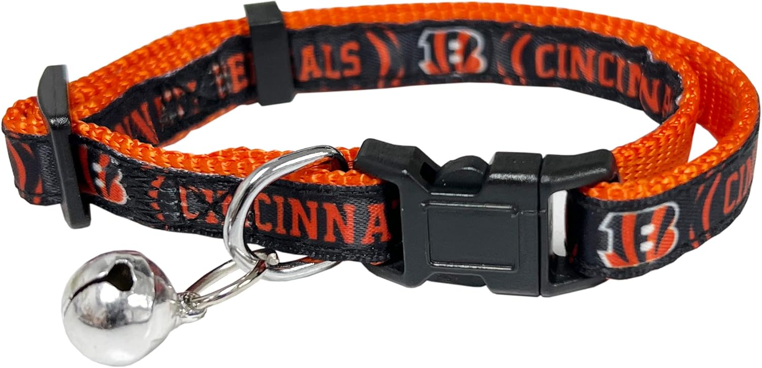 CAT Collar Cincinnati Bengals Satin Football Team Collar for Dogs & Cats. A Shiny & Colorful Cat Collar with Ringing Bell Pendant
