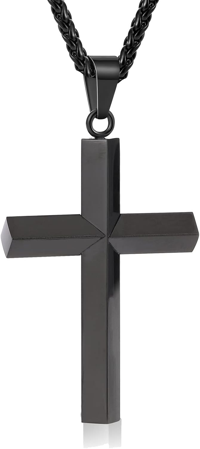 Edge Cross Necklace for Men Boys Stainless Steel Chain Cross Pendant Necklace for Men Boys, 18 inches, Black