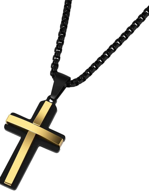 Load image into Gallery viewer, Stainless Steel Double Layer Cross Pendant Necklace for Men, 24&quot; Box Chain, Black and Gold
