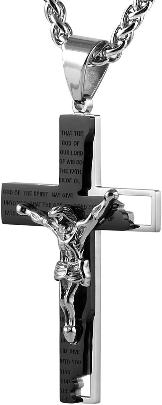Men's Stainless Steel Cross Crucifix Bible Prayer Pendant Necklace 22+2" Chain, Black