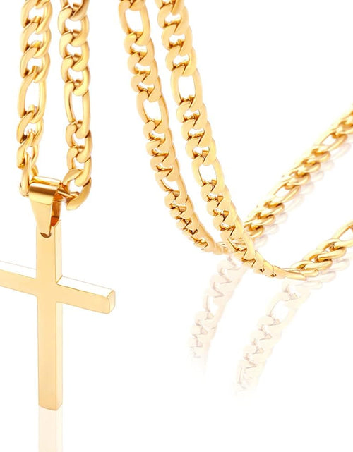 Load image into Gallery viewer, Cross Pendant Necklace Simple Jewelry Gifts, 24 Inches 3:1 Figaro Link Chain 4/5/6mm Width, Gold 5mm
