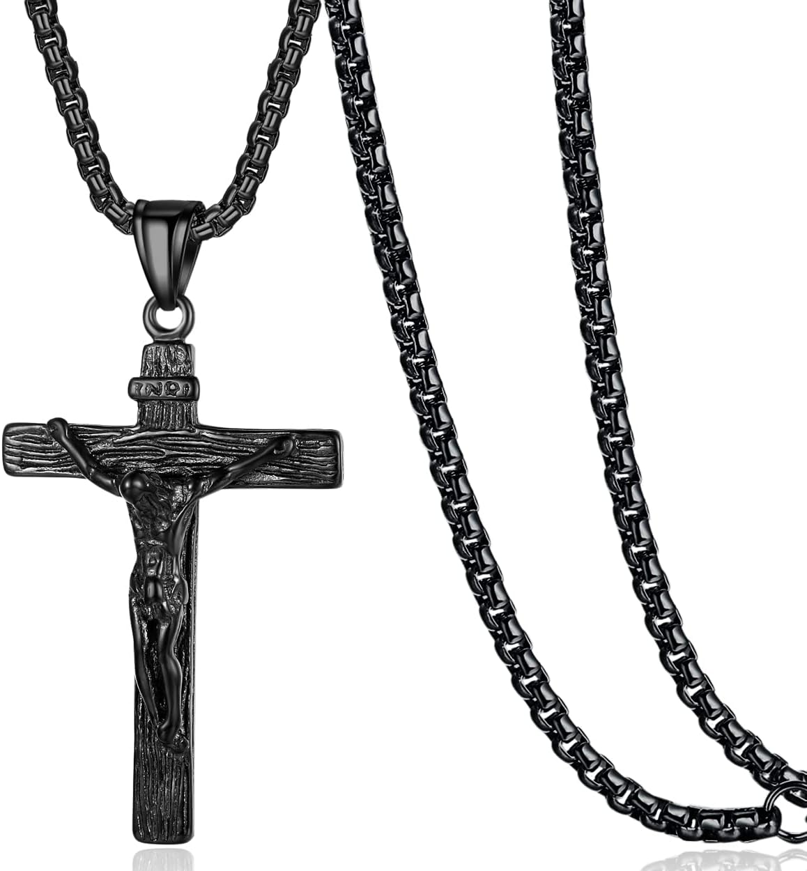 Jesus Christ on INRI Crucifix Cross Pendant Necklace for Teens Womens Mens with 24 Inch Stainless Steel Chain, Black