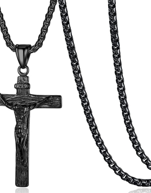 Load image into Gallery viewer, Jesus Christ on INRI Crucifix Cross Pendant Necklace for Teens Womens Mens with 24 Inch Stainless Steel Chain, Black
