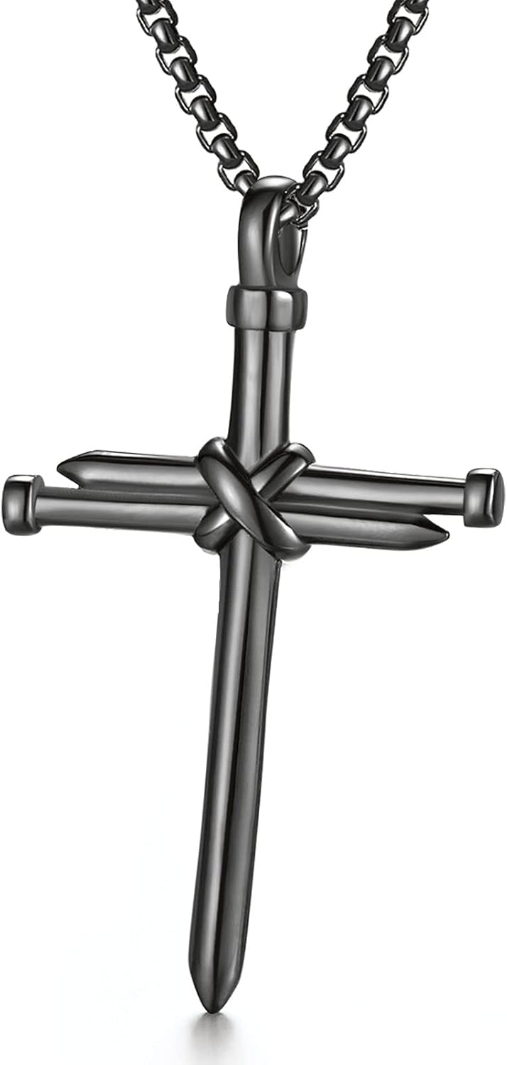Nail Cross Pendant Necklace for Men Women Stainless Steel Cross Necklace for Male Jewelry, Black